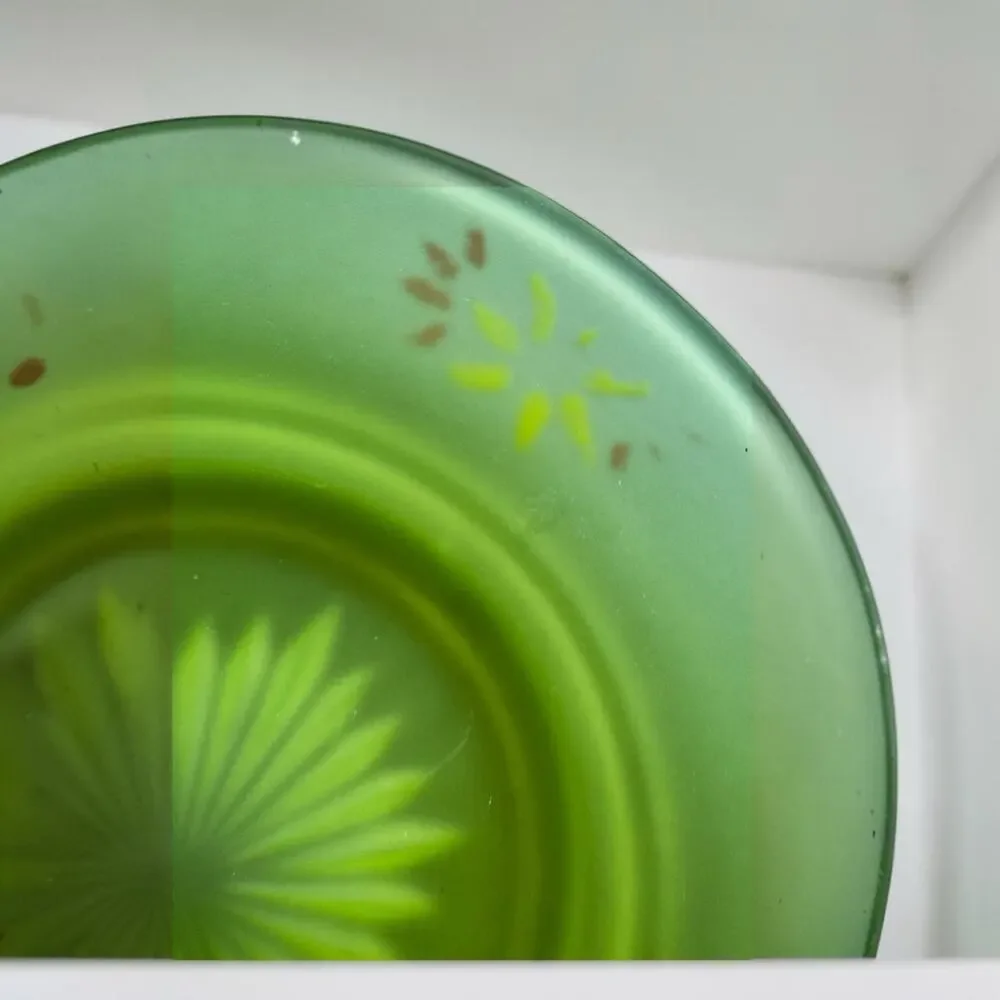 Vintage Uranium Vaseline Glass Plate Frosted Satin Yellow Green Starburst
